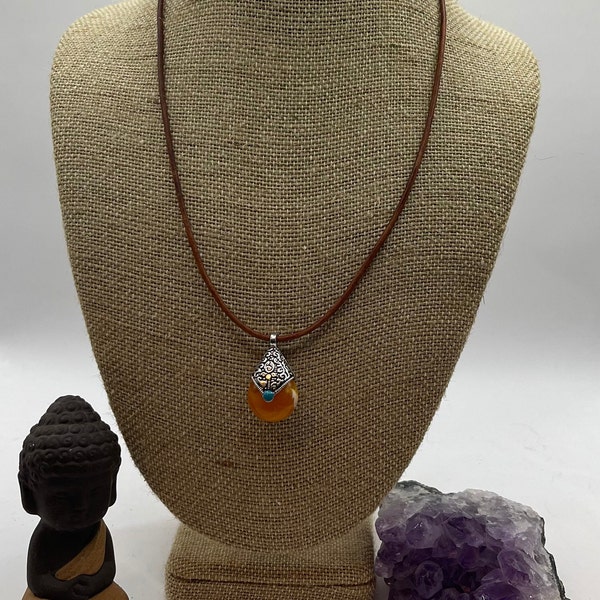 Tibetan Turquoise,Swirling Carnelian Resin, Silver Capped Pendant on Distressed Brown Leather Necklace