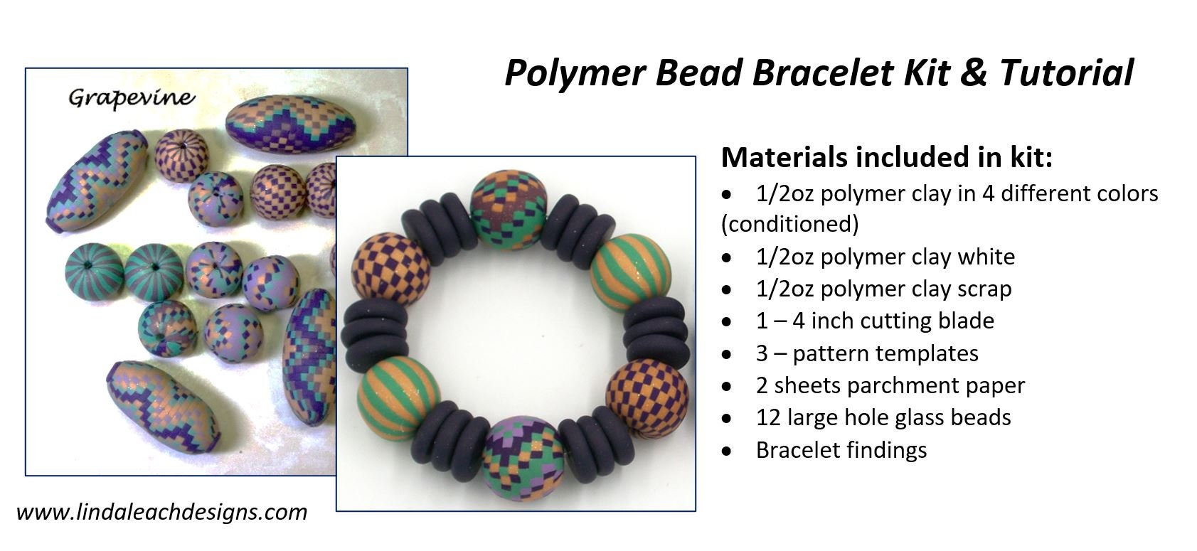 Polymer Clay Bead Bracelet Kit & Tutorial©, All Materials Included,  Conditioned Clay, Templates, Instructions, Grapevine Colors 