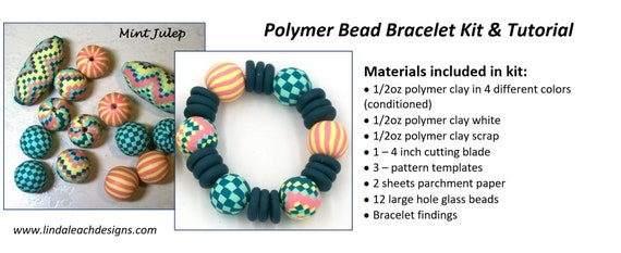 Polymer Clay Bead Bracelet Kit & Tutorial©, All Materials Included,  Conditioned Clay, Templates, Instructions, Mint Julep Color 