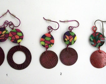 3 pair unique artisan crafted mixed media hand etched copper and polymer clay earrings, micro mosaic polymer, nyobium ear wires