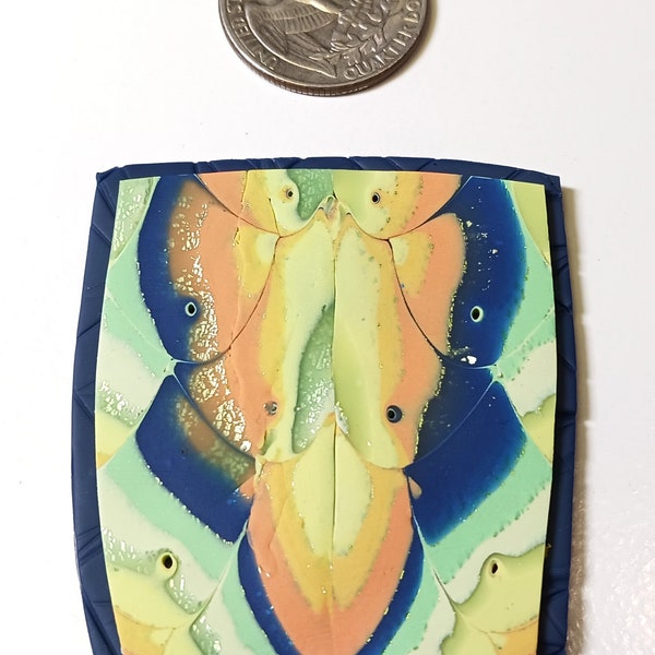 Polymer clay pendant/pin component, Mokume Gane technique, blue,green, black, cabochon, unfinished