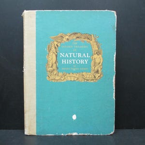 May include: Vintage hardcover book titled "The Golden Treasury of Natural History" with a teal cover and gold lettering. The book's cover features an ornate gold frame with illustrations of various creatures. The spine is off-white.