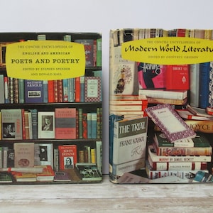 May include: Two hardcover books with yellow spines and colorful covers. The book on the left is titled "The Concise Encyclopedia of English and American Poets and Poetry" and features a bookshelf with books and portraits of poets. The book on the right is titled "The Concise Encyclopedia of Modern World Literature" and features a collage of book covers.
