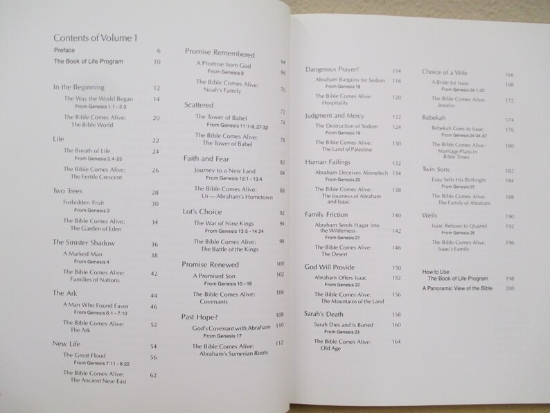 Puede incluir: Un primer plano de un libro titulado "Contents of Volume 1" con una tabla de contenido que enumera los cap&iacute;tulos y los n&uacute;meros de p&aacute;gina. El libro est&aacute; abierto en una p&aacute;gina con el t&iacute;tulo "Promise Remembered" y el t&iacute;tulo "Dangerous Prayers".