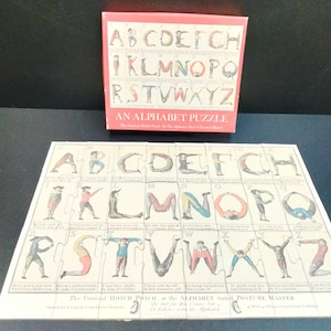 May include: An alphabet puzzle with the letters A through Z, each letter formed by a person in a yoga pose. The puzzle is on a white background with a red box that reads "AN ALPHABET PUZZLE".