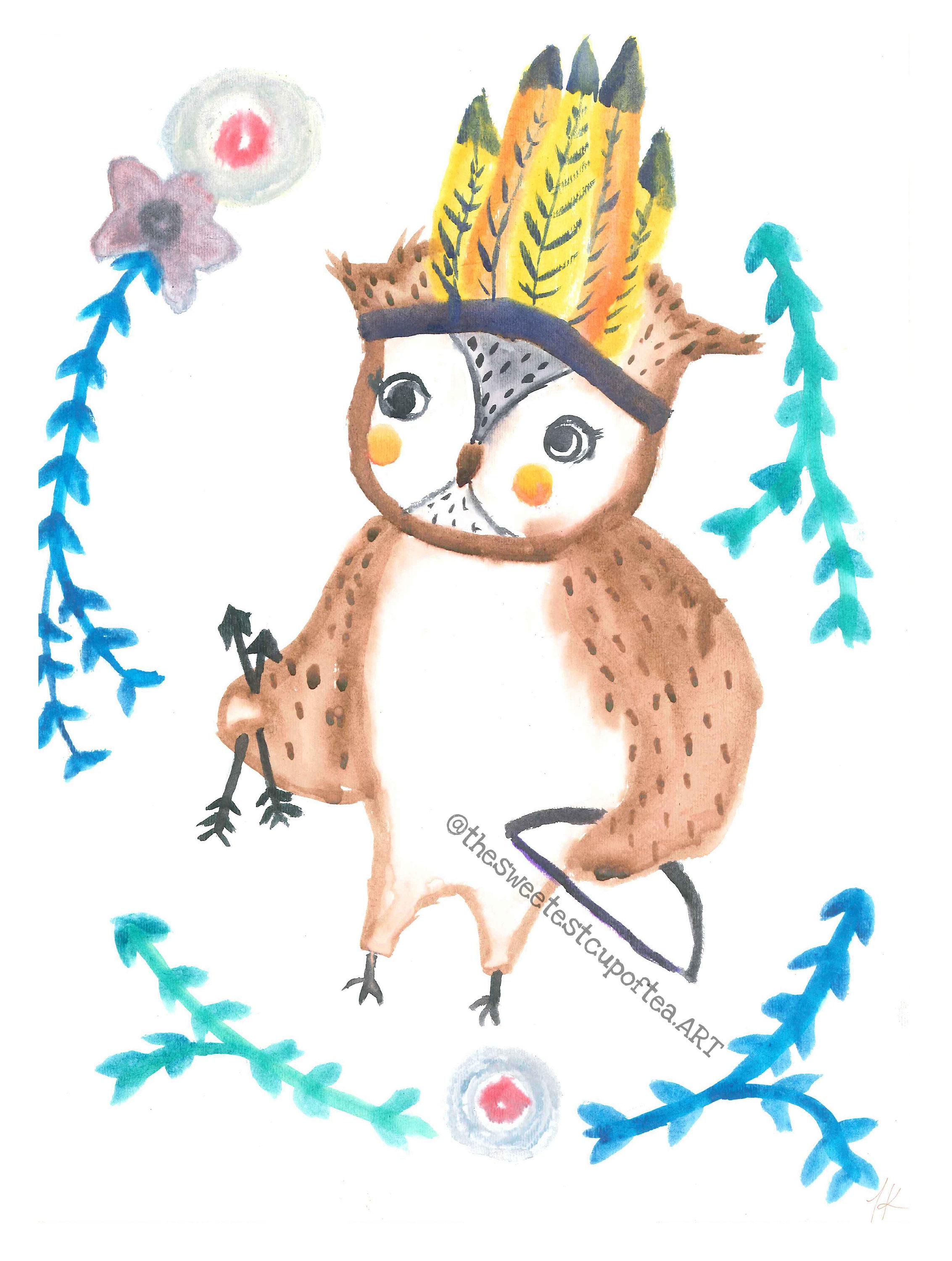 Julian the Warrior Owl : Watercolor Painting Print // Nursery Decor, Woodland Creature Series, Whims