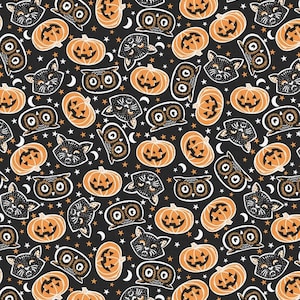Halloween Black Cats and Pumpkins Cotton Fabric- By The Yard