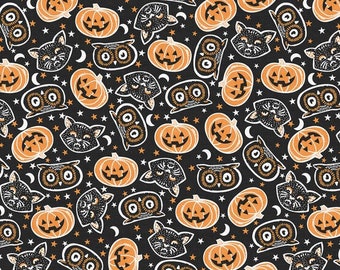 Halloween Black Cats and Pumpkins Cotton Fabric- By The Yard