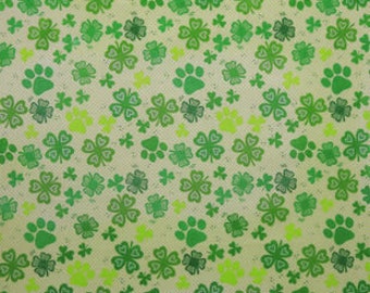 St Patricks Day Shamrock & Pawprints Cotton Fabric- By The Yard