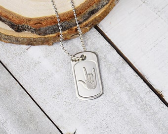 small or dainty I love you sign language dog tag pendant necklace silver finish ASL American sign language