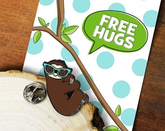 Sloth Enamel Pin on Free Hugs Mini Card Friendship social distancing gift