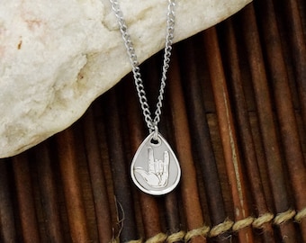 I love you sign language tear drop dainty pendant necklace silver finish ASL American sign language