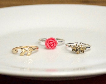 Adjustable Ring set stackable leaf rose bee adjustable rings dainty