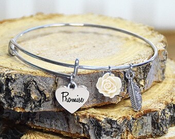 friendship Promise Bangle promise heart with feather and white rose charms
