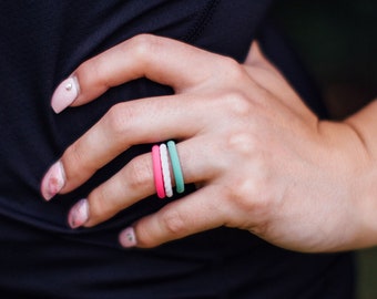 Stackable Silicone Ring Set - Hot Pink White Teal