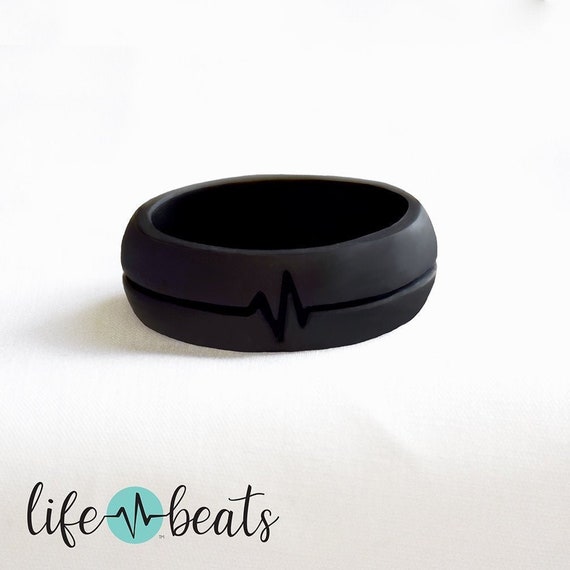 Black Heart Beat Wedding Band Silicone Ring With Fearless Card Etsy