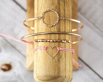 Always you and me adjustable bracelet set layering bracelets pink gold heart circle set of 4 bracelets