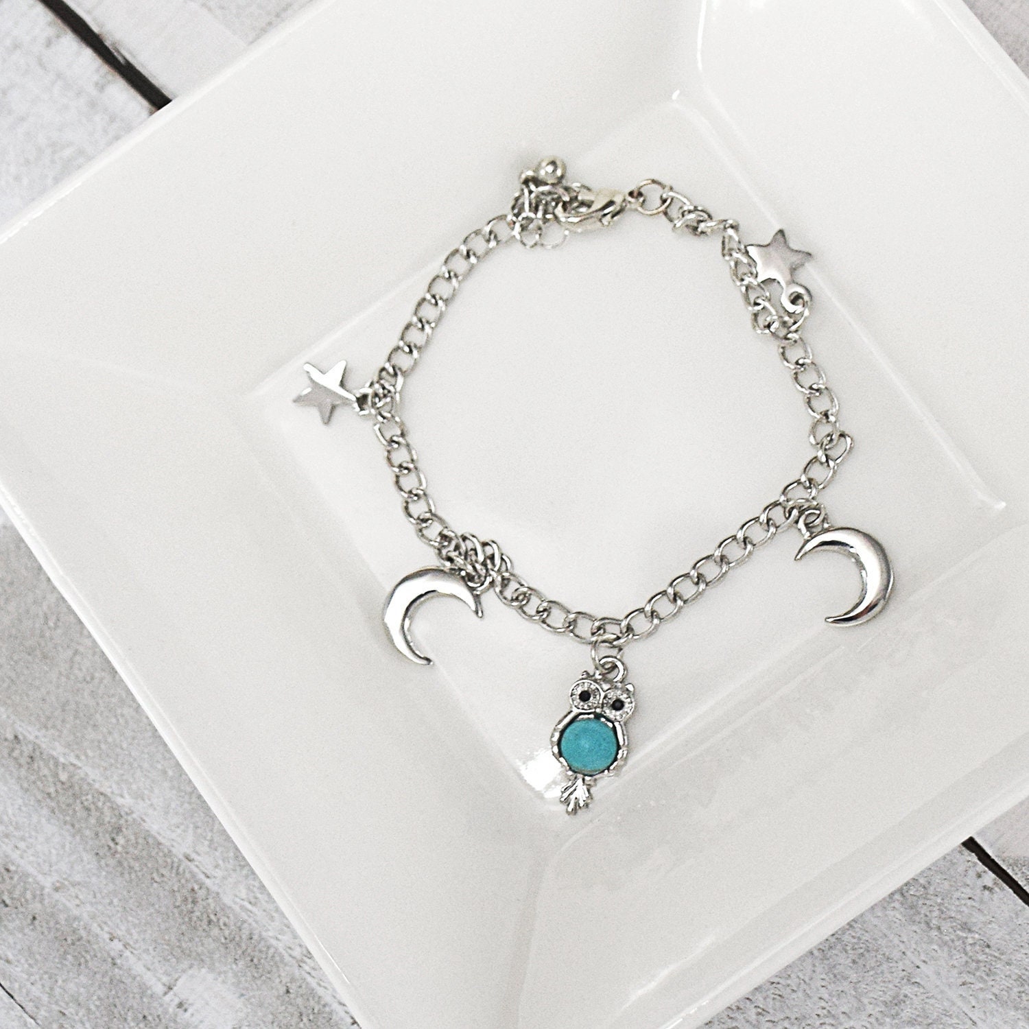 owl charm bracelet Love Who You Are Bracelet turquoise owl charm star and moon charms