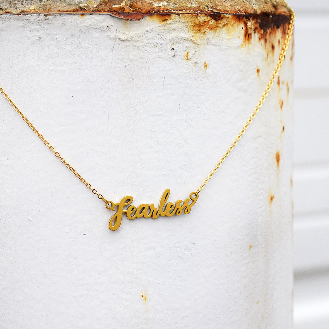 FEARLESS Script Necklace Gold Dainty Self Worth - Etsy