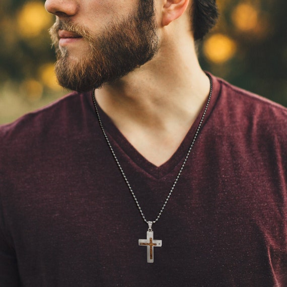 Wood Inlay Cross Pendant Necklace For Men Women - Stainless Steel Chain, 22 Inches