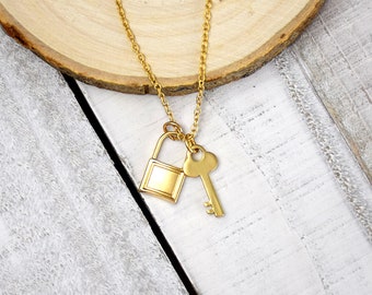 Dainty Lock and Key Necklace Friendship gift happiness matte gold finish