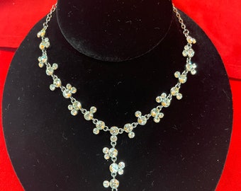 Vintage Signed Designer silver tone VCLM Rhinestone Y drop necklace