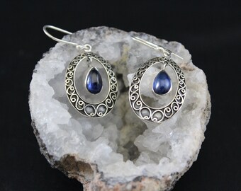 Oval open Sterling Silver filigree with dangling tear drop Kyanite gemstone dangles center French wire Earrings