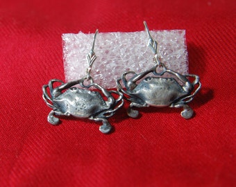 Handmade Sterling Silver dangling crab earrings on lever backs