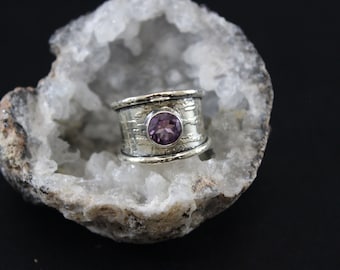 Wide tapered Sterling Silver textured Amethyst lady's ring