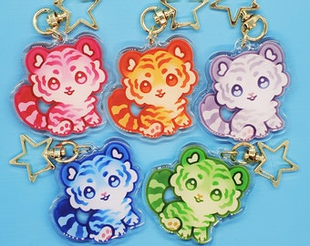 Colorful Tiger Acrylic Charm 2" Keychain, Gold Star Clasp