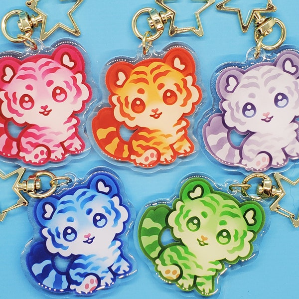 Colorful Tiger Acrylic Charm 2" Keychain, Gold Star Clasp