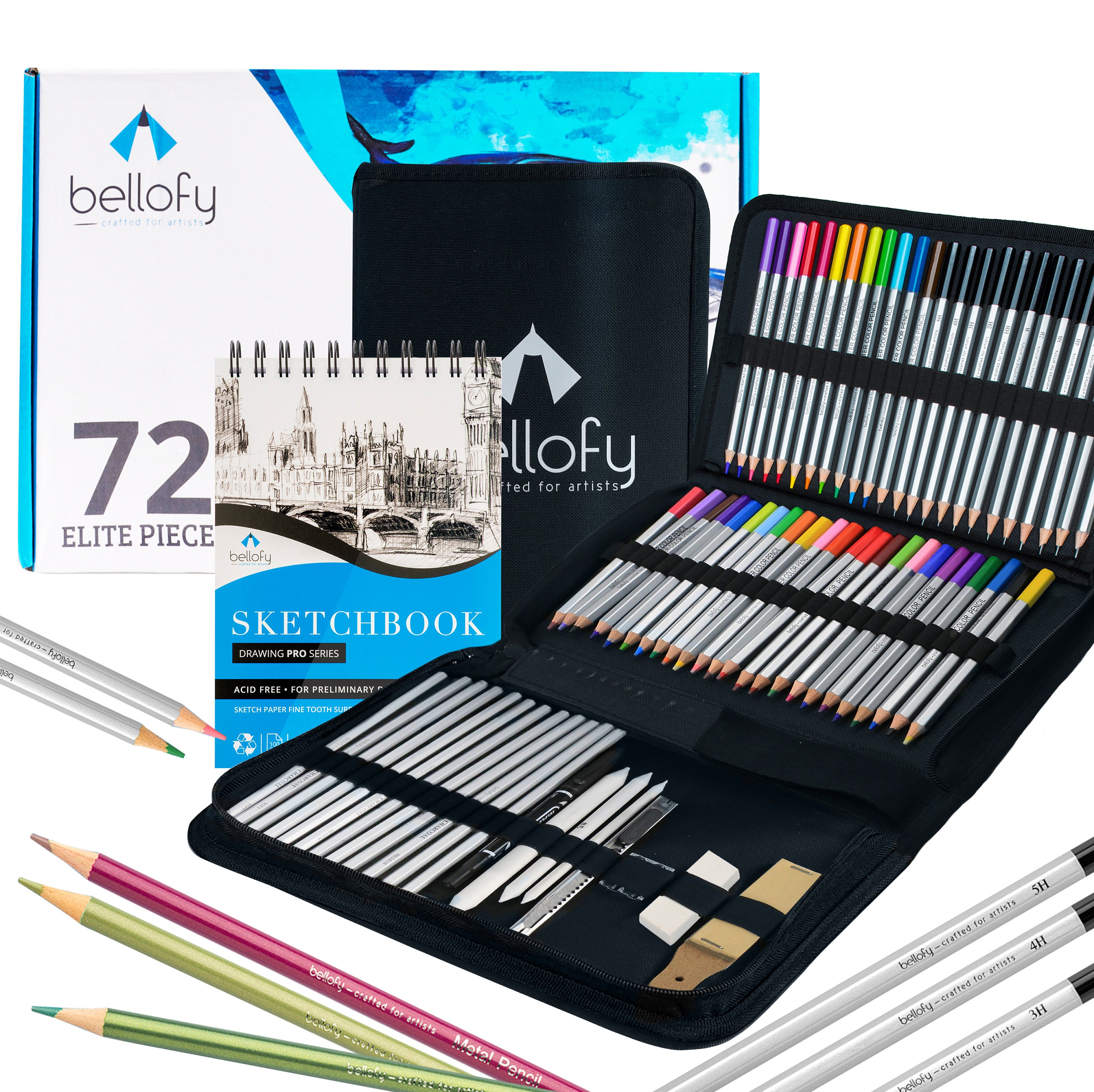 Glokers 72-Piece Arts Supplies and Drawing Kit Set - Complete Set of Art  Pencils: Graphite, Colored, Metallic, Charcoal, Watercolor - Also Includes