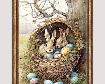 Vintage Easter Bunnies Print: Rustic Spring Wall Art (Digital Download)