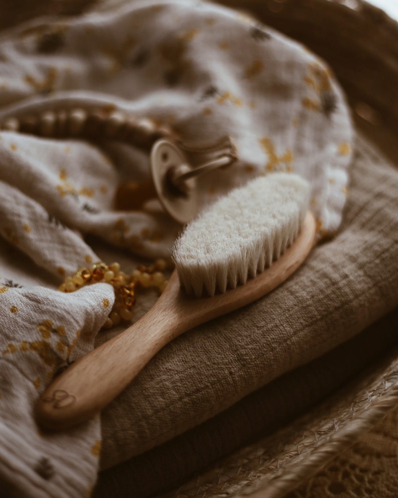 Natural Beechwood Wooden Baby Brush Organic Cotton Bag wooden brush, baby brush, baby keepsake, baby shower, newborn gift, baby gift image 1