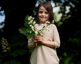 Girl's tunic dress with pockets - BEIGE WITH DOTS