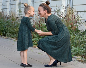 Casual elegant dresses with extended back for mother and daughter - GREEN & Black
