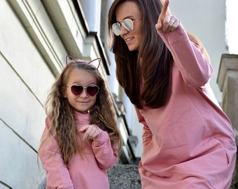 Casual loose long hooded Sweatshirt powder pink for mother and daughter with cap for daughter -FREE OF CHARGE!!!