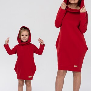 The set of oversized hooded tunics for mother and daughter Family in Red image 3