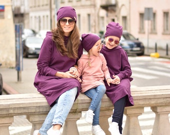 Casual loose long hooded Sweatshirt purple for mother and daughter with cap for daughter  -FREE OF CHARGE!!!