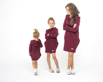 The set of oversized hooded tunics for mother and daughter - burgundy