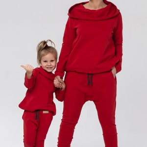 The set of oversized hooded tunics for mother and daughter Family in Red image 5