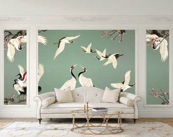 Panoramic wallpaper The DANCE OF THE CRANES Green