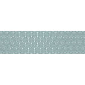 May include: A seamless pattern of white geometric shapes on a light blue background. The pattern is made up of overlapping hexagons and circles.