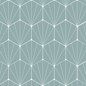 May include: A seamless pattern featuring a geometric design of white lines radiating from a central point within each hexagon. The hexagons are arranged in a repeating pattern on a light blue background.