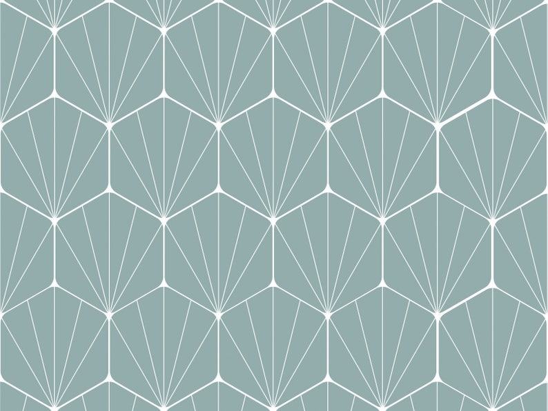 May include: A seamless pattern featuring a geometric design of white lines radiating from a central point within each hexagon. The hexagons are arranged in a repeating pattern on a light blue background.