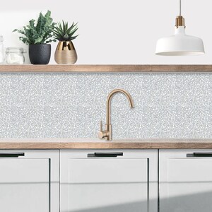 Pode incluir: Um backsplash de cozinha com um padrão de azulejos salpicados de branco e cinza. Uma torneira dourada é montada na bancada abaixo do backsplash. Duas plantas em vasos e um vaso estão em uma prateleira acima do backsplash.
