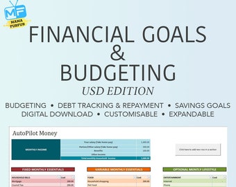 US DOLLAR VERSION Goals, Financial Freedom, Debt Repayment Edition ** -  Family Budget Excel Spreadsheet Digital Download only