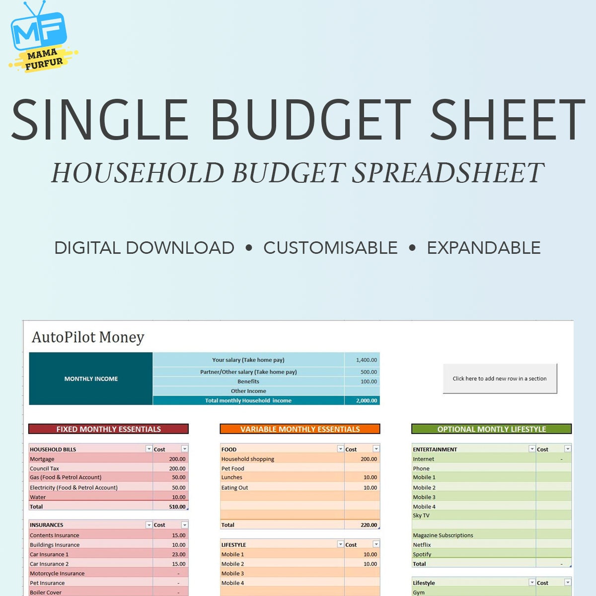 Single Budget Sheet Autopilot Money Financial Goals Office - Etsy New  Zealand
