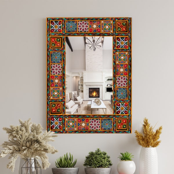 Custom mirror frame, Moroccan mirror frame, Ethnic wall mirror, Bathroom Large mirror, Wooden hand painted frame, Traditional Moroccan