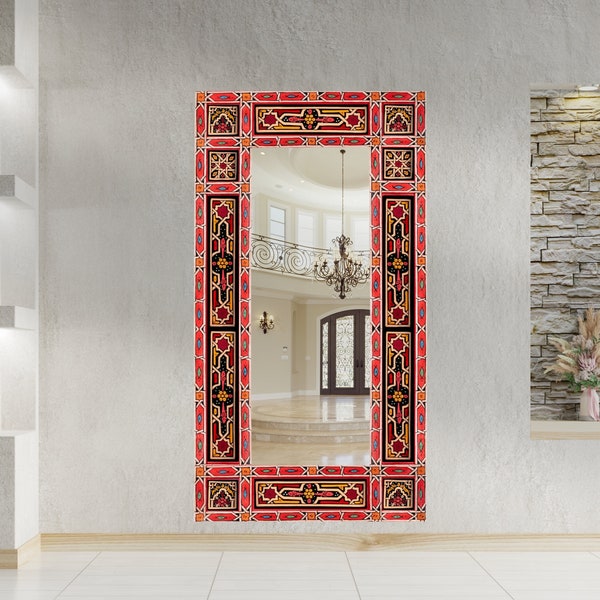 Marokkanischer Badezimmerspiegelrahmen, Art-Deco-Spiegel für den Eingangsbereich, bemalter Ganzkörperspiegel aus Holz, Ethno-Spiegelrahmen, (Glas ist nicht im Lieferumfang enthalten)